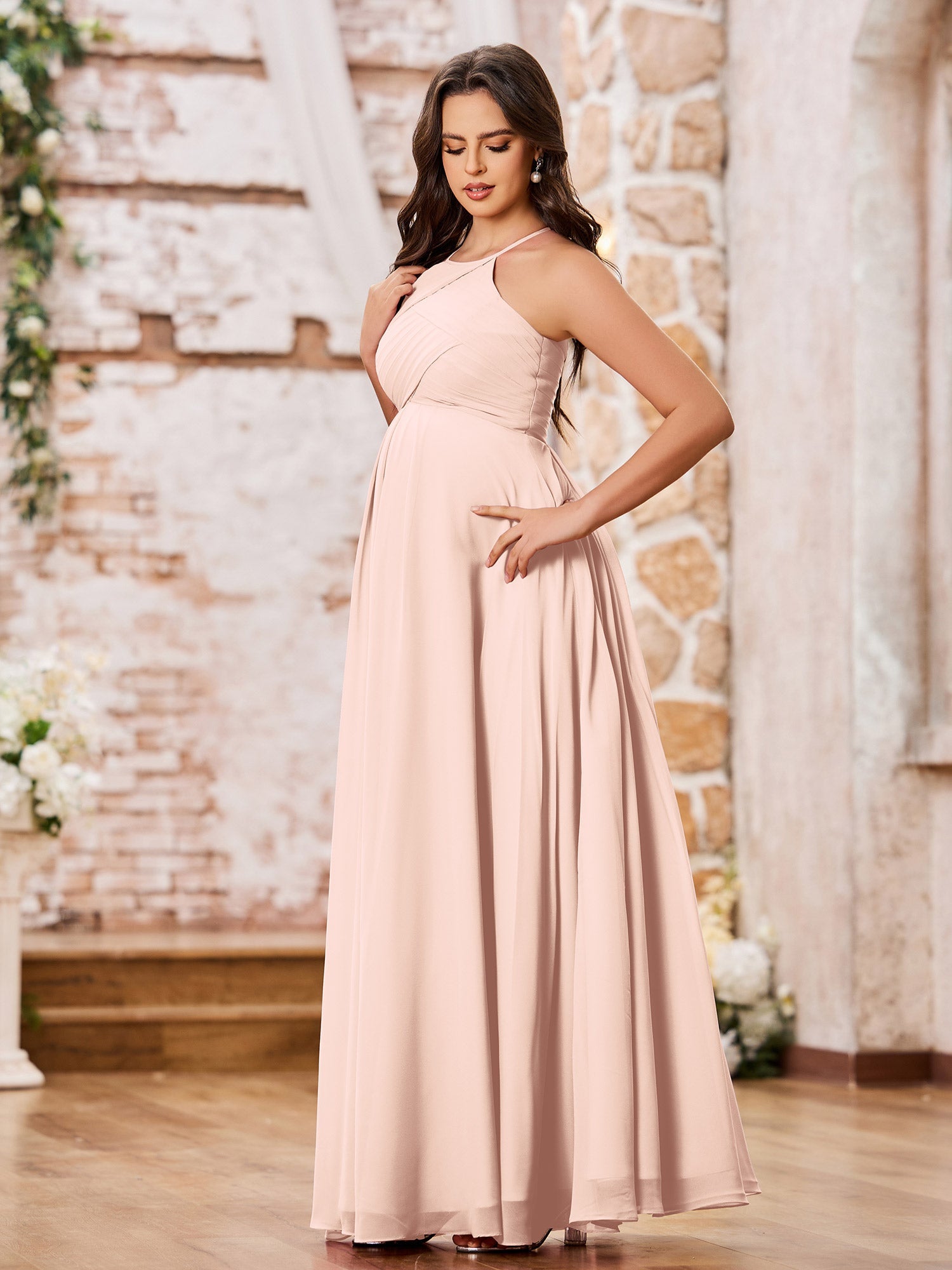 Stunning A-line Halter Empire Floor Length Chiffon Bridesmaid Gowns Pearl Pink